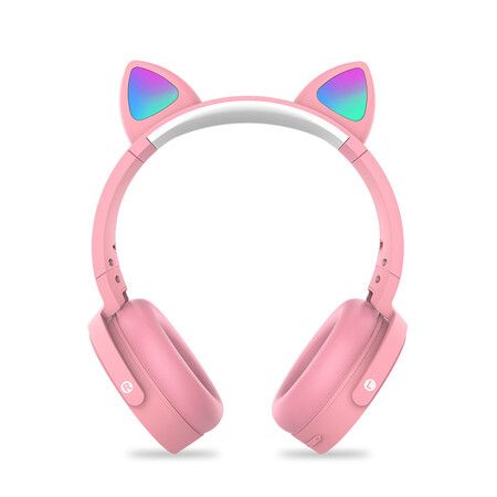 Pink Bluetooth Headset with Cat Ears and LED Lights Wireless Decompression Headphones for Kids Christmas Gift