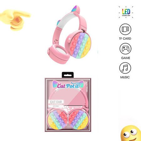 Pink Bluetooth Headset with Cat Ears and LED Lights Wireless Decompression Headphones for Kids Christmas Gift