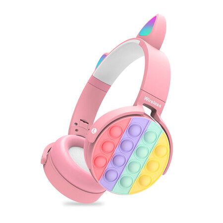 Pink Bluetooth Headset with Cat Ears and LED Lights Wireless Decompression Headphones for Kids Christmas Gift