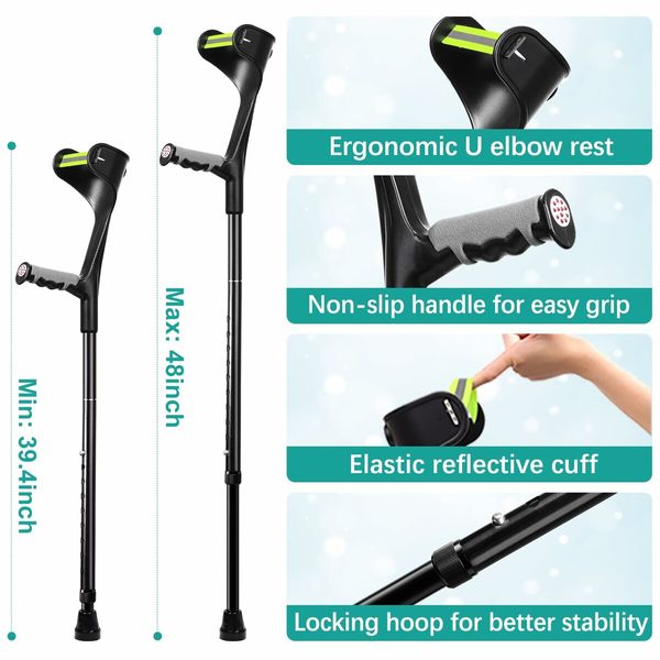 Forearm Crutches Pair,Lightweight Adjustable,ubber Handles,Comfortable Grip and Wear-Resistant,Non-Slip Forearm Crutches for Heavy Duty (Black,1 Pair)