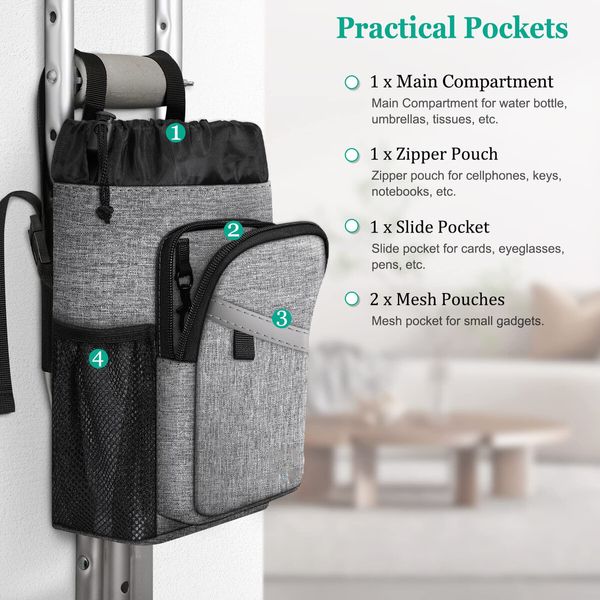 Crutch Accessories Bag,Water Resistant Storage Organizer Tote Bag with Drink Holder and Zipper Pouch for Crutches,Underarm Crutches Attachment