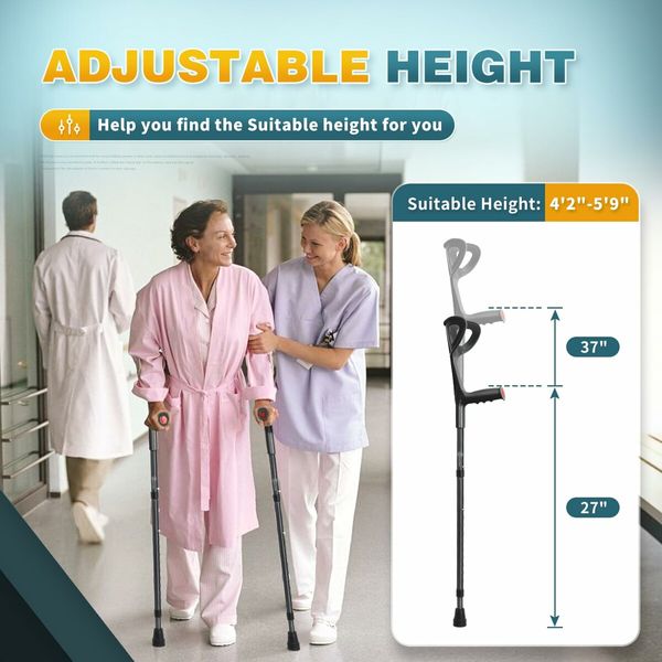 Forearm Canes Lightweight Arm Crutch Adjustable Ergonomic Comfortable on Wrist Non Skid Rubber Tips