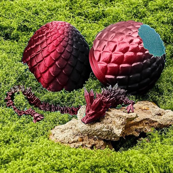 3D Printed Black Red Dragon in an egg Laser Printing Articulated Fidget Toy Flexible Home Office Desk Decor Easter Christmas Birthday Gift Childrens