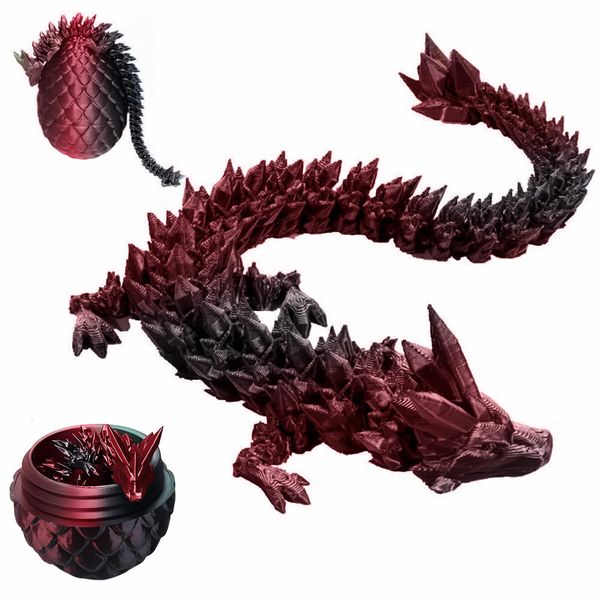 3D Printed Black Red Dragon in an egg Laser Printing Articulated Fidget Toy Flexible Home Office Desk Decor Easter Christmas Birthday Gift Childrens