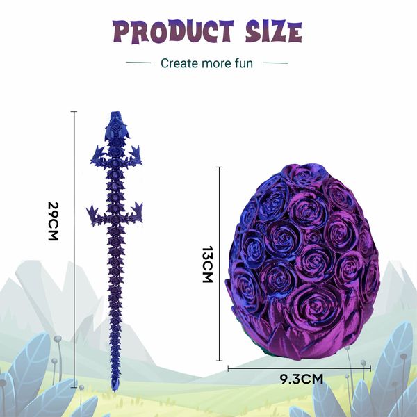 Dragon Egg 3D Printed Rose Easter Eggs Crystal Scale Model Full Articulated Figurine Gifts Fidget Toys for Childrens Birthday Christmas