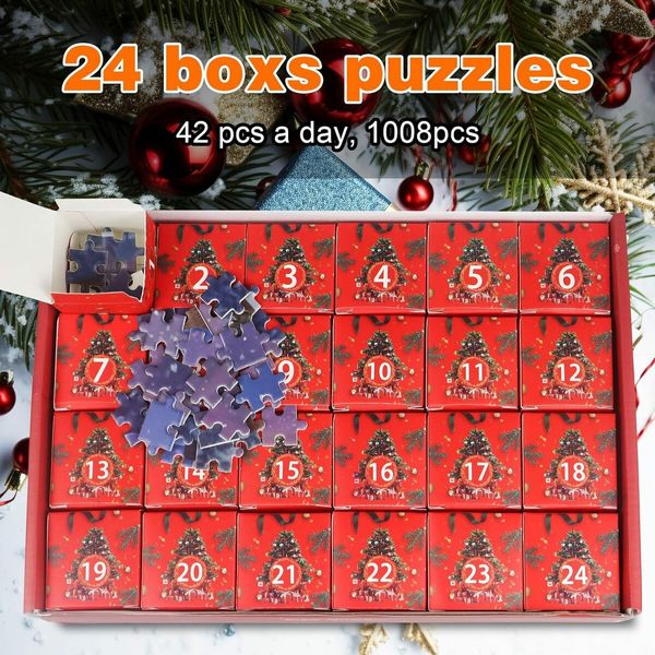 Advent Calendar Christmas Puzzles, 24 Boxes, 1008 Pieces, Educational Retro Jigsaw Puzzles, Christmas Countdown Puzzles, Gifts for Family, Kids, Teens