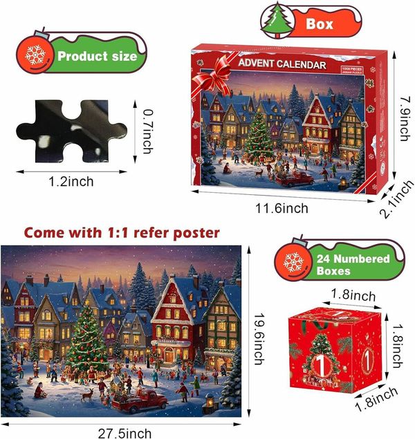 Advent Calendar Christmas Puzzles, 24 Boxes, 1008 Pieces, Educational Retro Jigsaw Puzzles, Christmas Countdown Puzzles, Gifts for Family, Kids, Teens