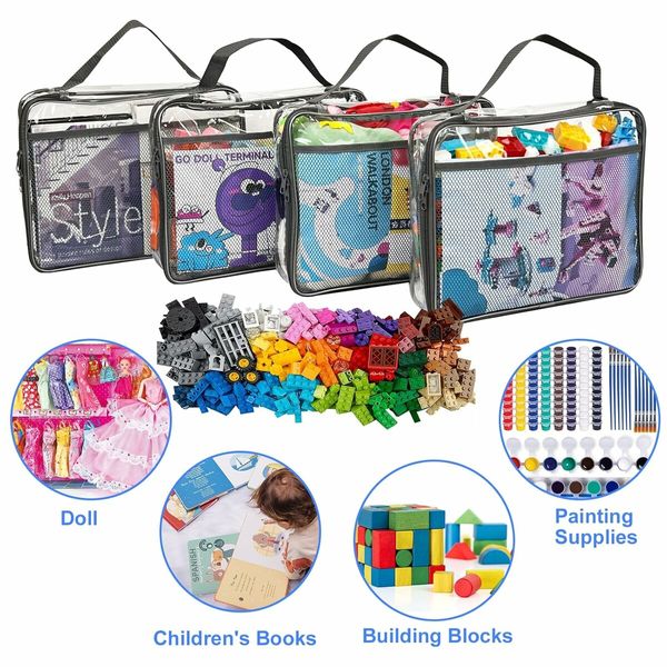 Toy Zippered Blocks Set Storage Bags,4Pcs Large PVC Storage Organizer Bags with Mesh Side Pockets