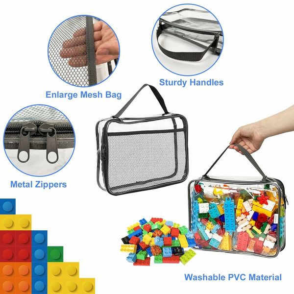 Toy Zippered Blocks Set Storage Bags,4Pcs Large PVC Storage Organizer Bags with Mesh Side Pockets