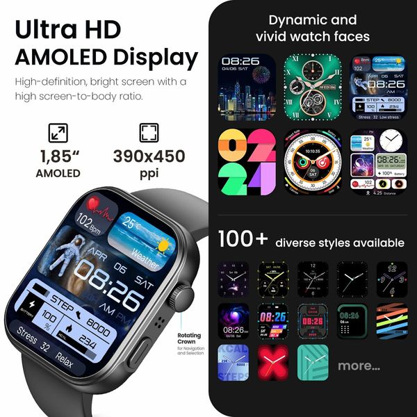 Smartwatch 1.85" AMOLED Ultra-Clear Screen Dynamic Watch Faces Bluetooth Call,100+ Sports Modes Fitness Activity Tracker