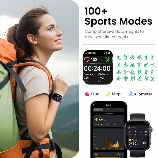 Smartwatch 1.85" AMOLED Ultra-Clear Screen Dynamic Watch Faces Bluetooth Call,100+ Sports Modes Fitness Activity Tracker