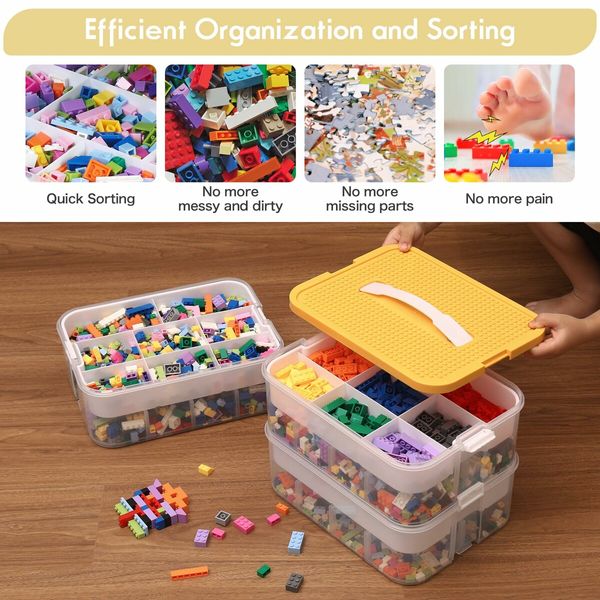 Plastic Storage Organizer for Lego Box Kids Child Toy Stackable Containers with Lids Bins 3 Layers Adjustable Compartments Building Blocks Chest Case (Yellow)