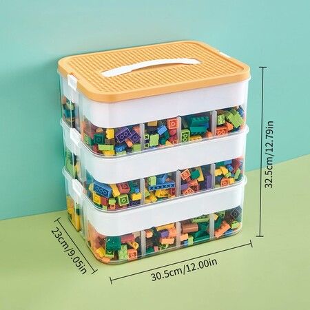 Plastic Storage Organizer for Lego Box Kids Child Toy Stackable Containers with Lids Bins 3 Layers Adjustable Compartments Building Blocks Chest Case (Yellow)