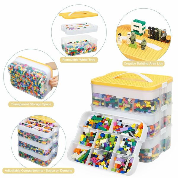 Plastic Storage Organizer for Lego Box Kids Child Toy Stackable Containers with Lids Bins 3 Layers Adjustable Compartments Building Blocks Chest Case (Yellow)