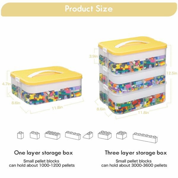 Plastic Storage Organizer for Lego Box Kids Child Toy Stackable Containers with Lids Bins 3 Layers Adjustable Compartments Building Blocks Chest Case (Yellow)