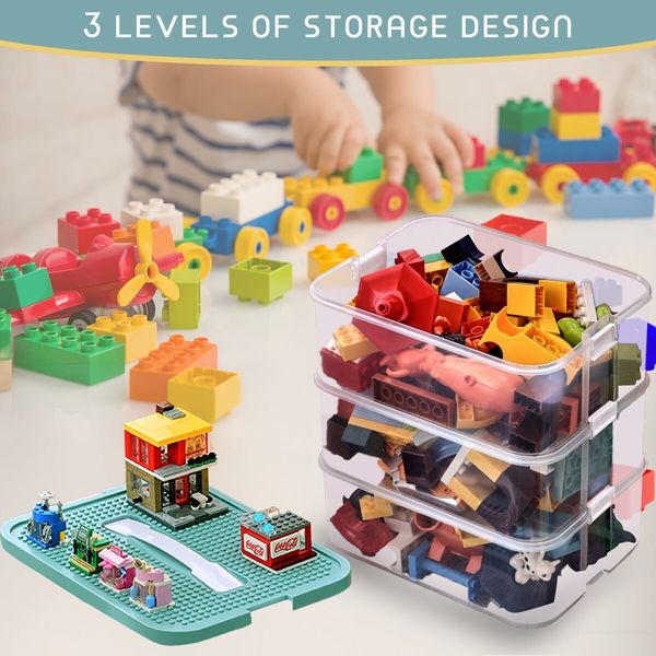 Plastic Storage Organizer for Lego Box Kids Child Toy Stackable Containers with Lids Bins 3 Layers Adjustable Compartments Building Blocks Chest Case