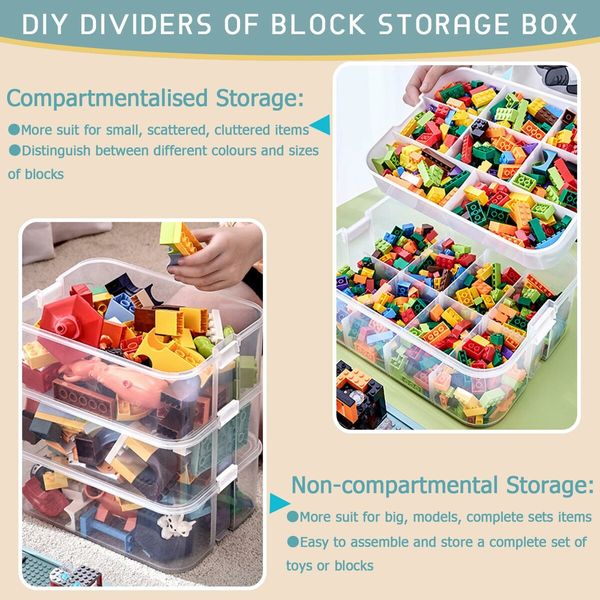 Plastic Storage Organizer for Lego Box Kids Child Toy Stackable Containers with Lids Bins 3 Layers Adjustable Compartments Building Blocks Chest Case