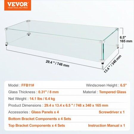 Glass Wind Guard for Rectangular Fire Pit Table 748 x 340 x 165 mm, 8mm Thick and Sturdy Tempered Glass Panel with Hard Aluminum Corner Bracket & Rubber Feet, Easy to Assemble