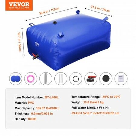 Portable Water Storage Bladder 105.7 Gal 1000D PVC Collapsible Water Tank