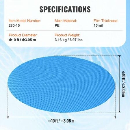 Solar Pool Cover, Φ10 ft Round Solar Blanket for Pools, Inground Above Ground Swimming Pool Solar Cover, 15 mil Solar Covers Blue