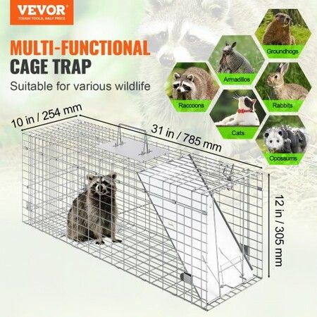 Live Animal Cage Trap, 31" x 10" x 12" Humane Cat Trap Galvanized Iron, Folding Animal Trap with Handle for Rabbits, Stray Cats, Squirrels, Raccoons, Groundhogs and Opossums