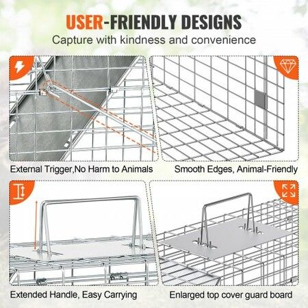 Live Animal Cage Trap, 31" x 10" x 12" Humane Cat Trap Galvanized Iron, Folding Animal Trap with Handle for Rabbits, Stray Cats, Squirrels, Raccoons, Groundhogs and Opossums