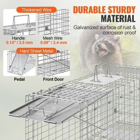 Live Animal Cage Trap, 31" x 10" x 12" Humane Cat Trap Galvanized Iron, Folding Animal Trap with Handle for Rabbits, Stray Cats, Squirrels, Raccoons, Groundhogs and Opossums