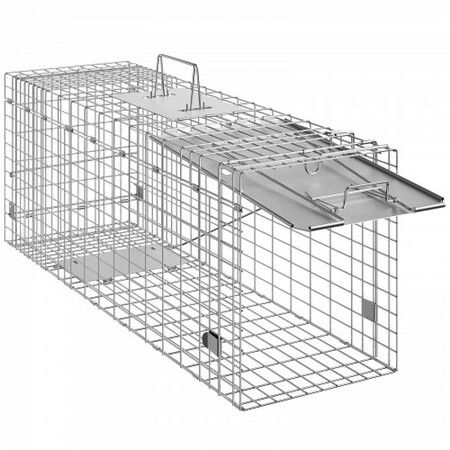 Live Animal Cage Trap, 31" x 10" x 12" Humane Cat Trap Galvanized Iron, Folding Animal Trap with Handle for Rabbits, Stray Cats, Squirrels, Raccoons, Groundhogs and Opossums