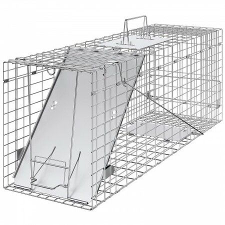 Live Animal Cage Trap, 31" x 10" x 12" Humane Cat Trap Galvanized Iron, Folding Animal Trap with Handle for Rabbits, Stray Cats, Squirrels, Raccoons, Groundhogs and Opossums