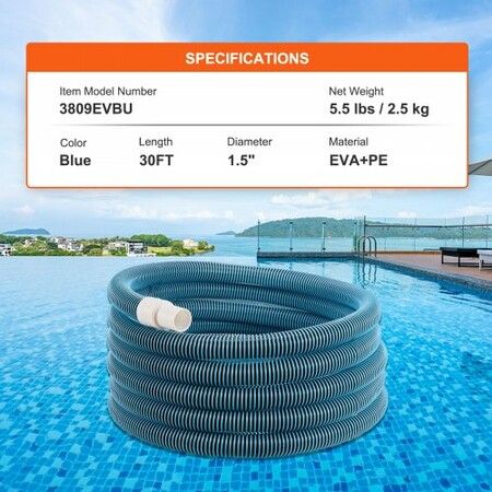 Heavy Duty Swimming Pool Hose, 1-1/2-Inch x 30-Feet, Pool Vacuum Cleaning Hose, Compatible with Above Ground Pool In-Ground Pool Sand Filter Pump Pool Pump Pool Skimmer Various Cleaning