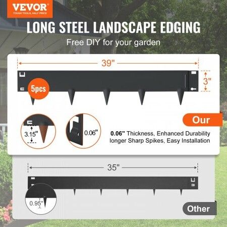 Steel Landscape Edging, 5-pack Steel Garden Edging Borders, 39" L x 3" H Strips, Hammer-in Edging Border, Bendable Metal Landscape Edging for Yard, Garden, Lawn, 3.15" Spike Height, Black