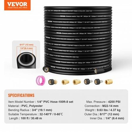 Pressure Washer Hose, 100FT, 1/4" Kink Free M22-14mm Brass Thread Replacement For Most Brand Pressure Washers, 3/4'' Bending Radius, 4200 PSI Heavy Duty Power Washer Extension Replacement Hose