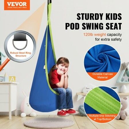 Kids Pod Swing Seat, Hanging Hammock Chair with LED Lights Strings, Inflatable Cushion, Sensory Pod Swing Chair for Kids Indoor and Outdoor Hanging Chair, 100% Cotton Loading Capacity 120 lbs