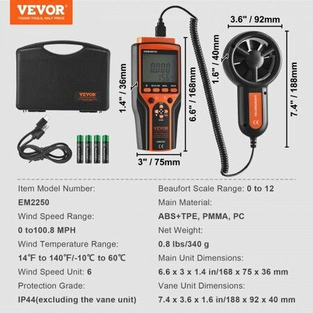 Split Handheld Anemometer, -10鈩?to 60鈩? Digital Wind Speed CFM Meter Gauge with LED Backlight Screen, Measures Wind Velocity Wind Temperature Air Flow Wind Chill, for Sailing Surfing Flying HVAC