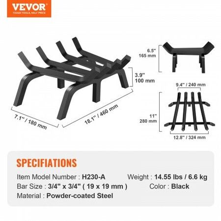 Fireplace Log Grate, 18 inch Heavy Duty Fireplace Grate with 6 Support Legs, 3/4’??Solid Powder-coated Steel Bars, Log Firewood Burning Rack Holder for Indoor and Outdoor Fireplace