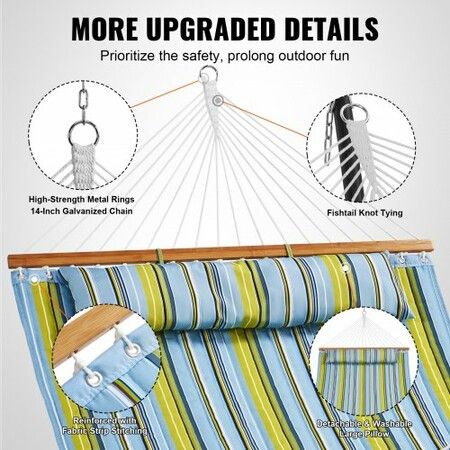 Double Quilted Fabric Hammock, 12 FT Double Hammock with Hardwood Spreader Bars, 2 Person Quilted Hammock with Detachable Pillow and Chains for Camping Outdoor Patio Yard Beach, 480 lbs Capacity