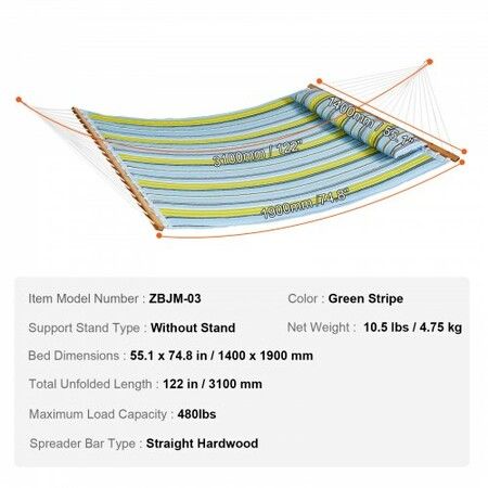 Double Quilted Fabric Hammock, 12 FT Double Hammock with Hardwood Spreader Bars, 2 Person Quilted Hammock with Detachable Pillow and Chains for Camping Outdoor Patio Yard Beach, 480 lbs Capacity