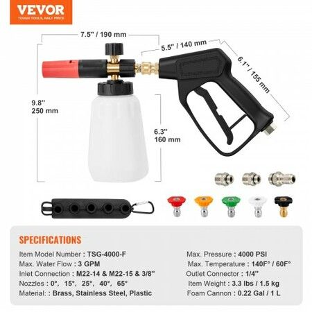 Pressure Washer Gun Set, 0.22 Gal Foam Cannon, 4000 PSI Washer Spay Gun with 1/4 Inch Quick Connector & 5 Nozzle Tips, Pressure Washer Handle with M22-14 mm & M22-15mm & 3/8'' Inlet Connecto