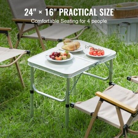 Folding Camping Table, Adjustable Height Outdoor Portable Side Tables, Lightweight Fold Up Table, Aluminum & MDF Ultra Compact Work Table, For Cooking, Beach, Picnic, Travel, 24x16 inch, Silver