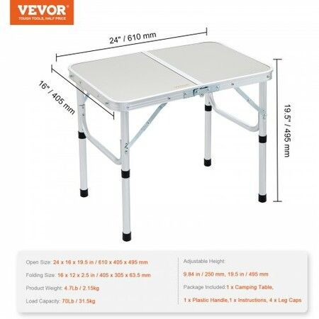 Folding Camping Table, Adjustable Height Outdoor Portable Side Tables, Lightweight Fold Up Table, Aluminum & MDF Ultra Compact Work Table, For Cooking, Beach, Picnic, Travel, 24x16 inch, Silver