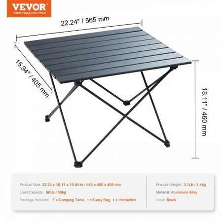 Folding Camping Table, Outdoor Portable Side Tables, Lightweight Fold Up Table, Aluminum Alloy Ultra Compact Work Table with Carry Bag, For Cooking, Beach, Picnic, Travel, 22.2x15.9 inch, Black