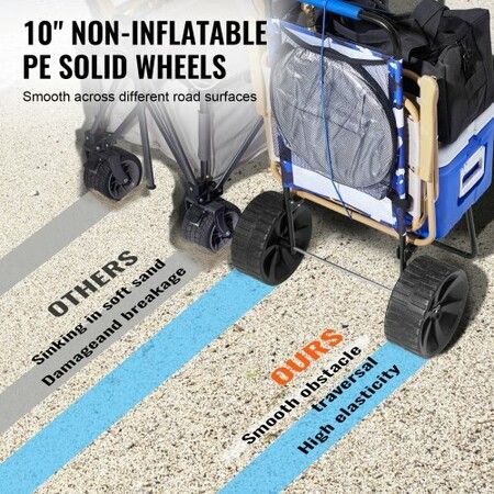 Beach Dolly with Big Wheels for Sand, 15.4" x 15.7" Cargo Deck, w/ 10" PE Solid Wheels, 69LBS Loading Capacity Folding Sand Cart, Heavy Duty Cart for Picnic, Camping, Fishing, Beach, Gardening