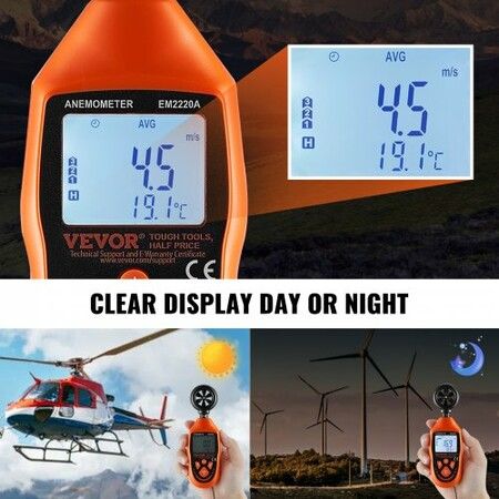 Handheld Anemometer, -10鈩?to 45鈩? Digital Wind Speed Meter Gauge with LED Backlight Screen, Measures Wind Velocity Wind Temperature Air Flow Wind Chill, for Sailing Surfing Drone Flying HVAC