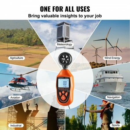 Handheld Anemometer, -10鈩?to 45鈩? Digital Wind Speed Meter Gauge with LED Backlight Screen, Measures Wind Velocity Wind Temperature Air Flow Wind Chill, for Sailing Surfing Drone Flying HVAC