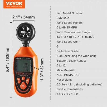 Handheld Anemometer, -10鈩?to 45鈩? Digital Wind Speed Meter Gauge with LED Backlight Screen, Measures Wind Velocity Wind Temperature Air Flow Wind Chill, for Sailing Surfing Drone Flying HVAC