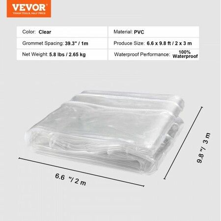 Clear Vinyl Tarp, 2 x 2.99 m Clear Vinyl Patio Enclosure, Tear-Proof and Waterproof PVC Tarpaulin, with Grommets and Reinforced Edges for Canopy Boat RV Tent Shelter Trailer Truck Cover