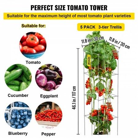 Tomato Cages, 30 x 30 x 117 cm, 5 Packs Square Plant Support Cages, Silver PVC-Coated Steel Tomato Towers for Climbing Vegetables, Plants, Flowers, Fruits