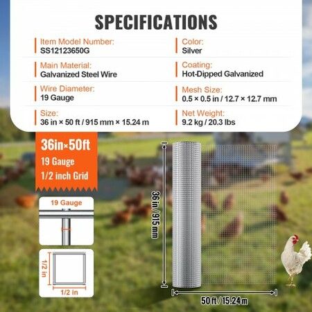 Hardware Cloth, 12.7mm 915mm×15.24m 19 Gauge, Hot Dipped Galvanized Wire Mesh Roll, Chicken Wire Fencing, Wire Mesh for Rabbit Cages, Garden, Small Rodents