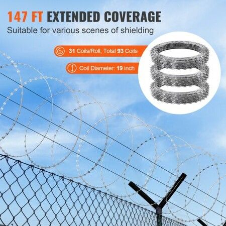 Razor Wires, 147 ft Razor Barbed Wire, 3 Rolls Razor Wire Fencing Razor Fence, Razor Ribbon Barbed Wire Galvanized Razor Wire Fence, Rolls Razor for Garden