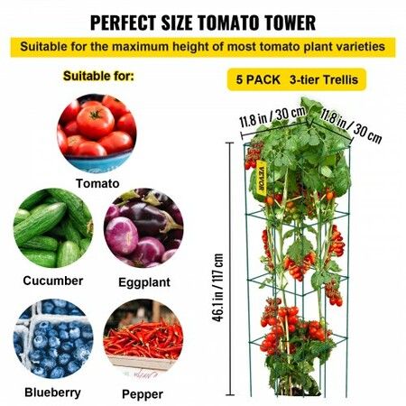 Tomato Cages,  30 x 30 x 117 cm, 5 Packs Square Plant Support Cages, Green PVC-Coated Steel Tomato Towers for Climbing Vegetables, Plants, Flowers, Fruits